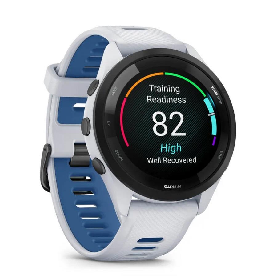 RELÓGIO GARMIN FORERUNNER 265 Rebordo preto com caixa branco pedra e bracelete branco pedra e azul tidal em silicone