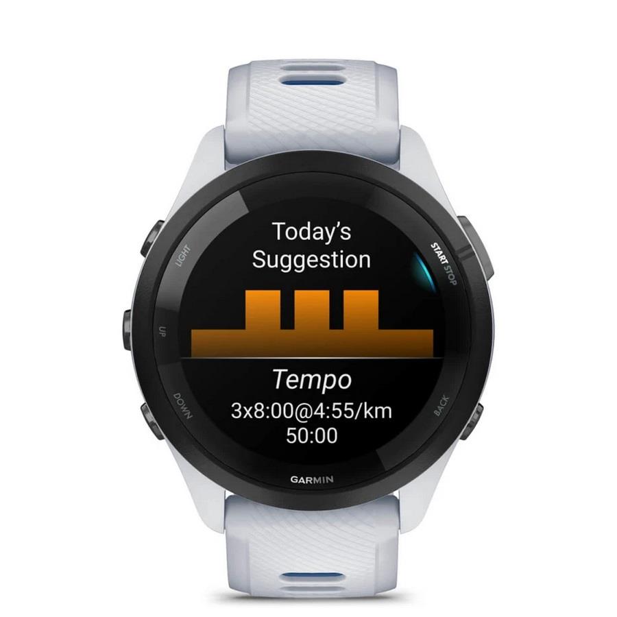 RELÓGIO GARMIN FORERUNNER 265 Rebordo preto com caixa branco pedra e bracelete branco pedra e azul tidal em silicone