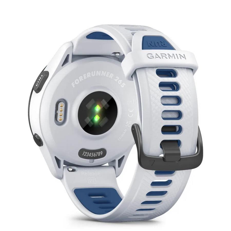 RELÓGIO GARMIN FORERUNNER 265 Rebordo preto com caixa branco pedra e bracelete branco pedra e azul tidal em silicone