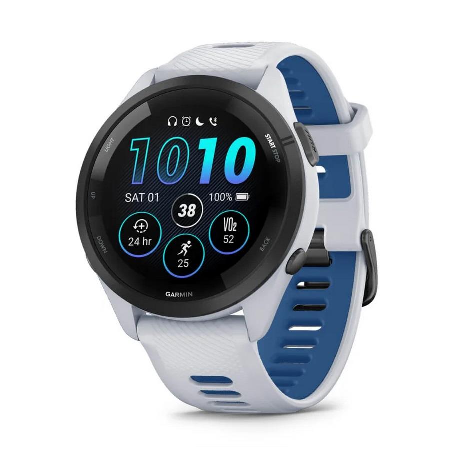 RELÓGIO GARMIN FORERUNNER 265 Rebordo preto com caixa branco pedra e bracelete branco pedra e azul tidal em silicone