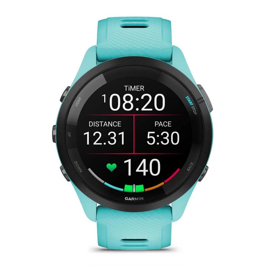 RELÓGIO GARMIN FORERUNNER 265 Rebordo preto com caixa verde-água e bracelete verde-água e preta em silicone