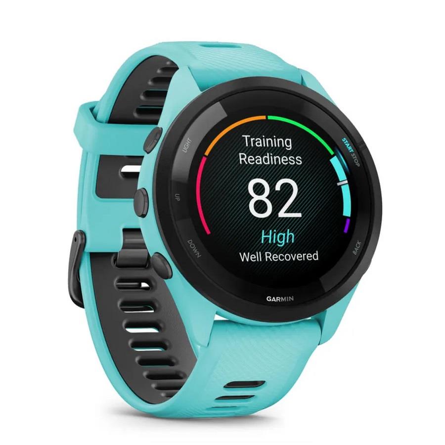 RELÓGIO GARMIN FORERUNNER 265 Rebordo preto com caixa verde-água e bracelete verde-água e preta em silicone