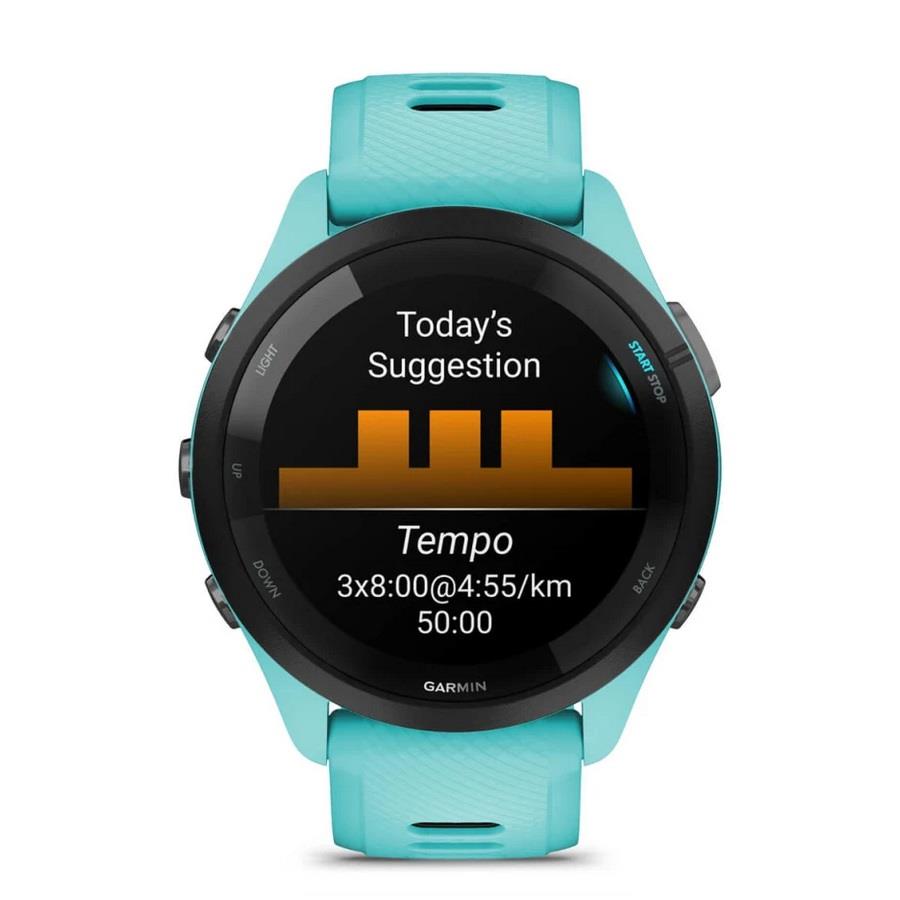 RELÓGIO GARMIN FORERUNNER 265 Rebordo preto com caixa verde-água e bracelete verde-água e preta em silicone