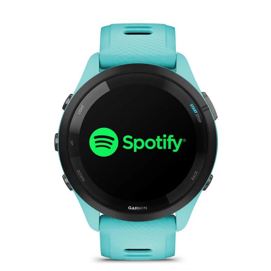 RELÓGIO GARMIN FORERUNNER 265 Rebordo preto com caixa verde-água e bracelete verde-água e preta em silicone