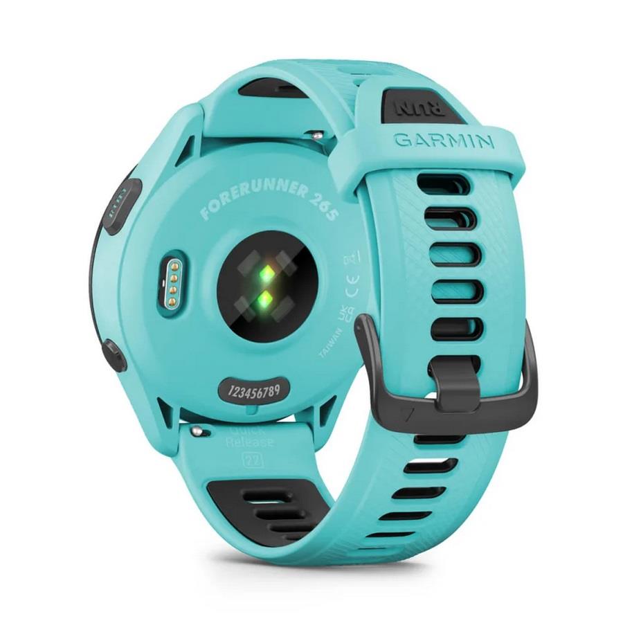 RELÓGIO GARMIN FORERUNNER 265 Rebordo preto com caixa verde-água e bracelete verde-água e preta em silicone