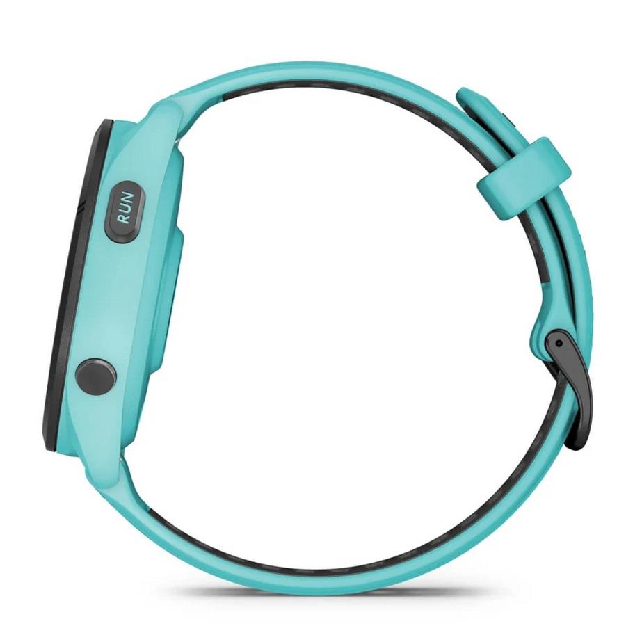 RELÓGIO GARMIN FORERUNNER 265 Rebordo preto com caixa verde-água e bracelete verde-água e preta em silicone