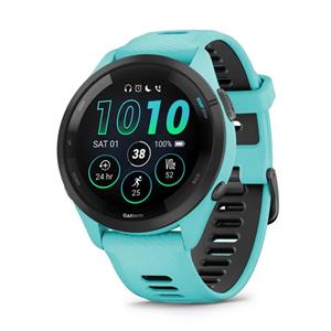 RELÓGIO GARMIN FORERUNNER 265 Rebordo preto com caixa verde-água e bracelete verde-água e preta em silicone