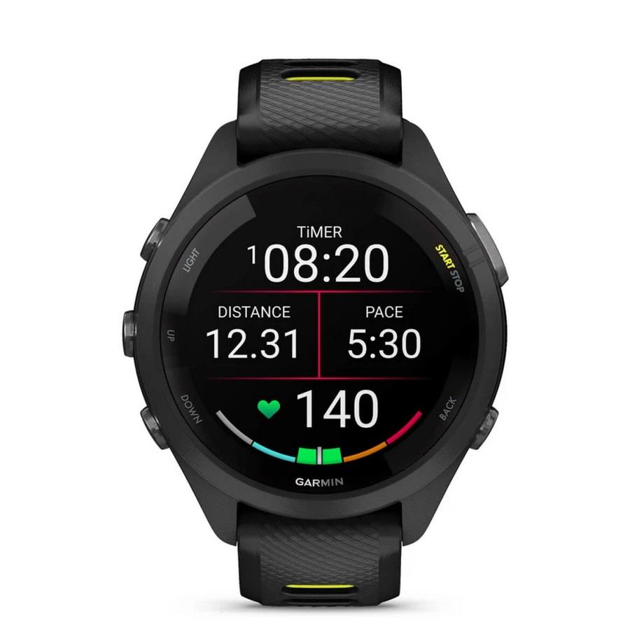 RELÓGIO GARMIN FORERUNNER 265S Rebordo e caixa pretos com bracelete preta e amarela em silicone