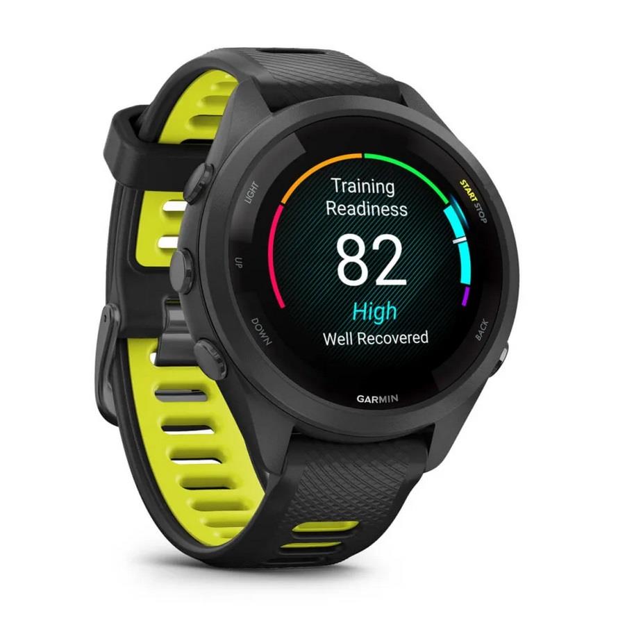 RELÓGIO GARMIN FORERUNNER 265S Rebordo e caixa pretos com bracelete preta e amarela em silicone