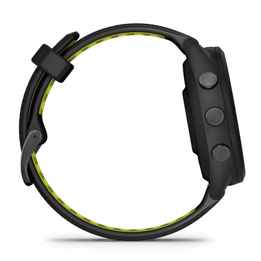 RELÓGIO GARMIN FORERUNNER 265S Rebordo e caixa pretos com bracelete preta e amarela em silicone