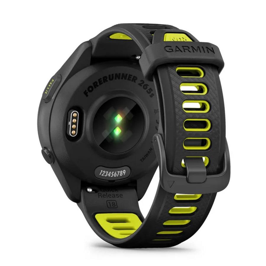 RELÓGIO GARMIN FORERUNNER 265S Rebordo e caixa pretos com bracelete preta e amarela em silicone