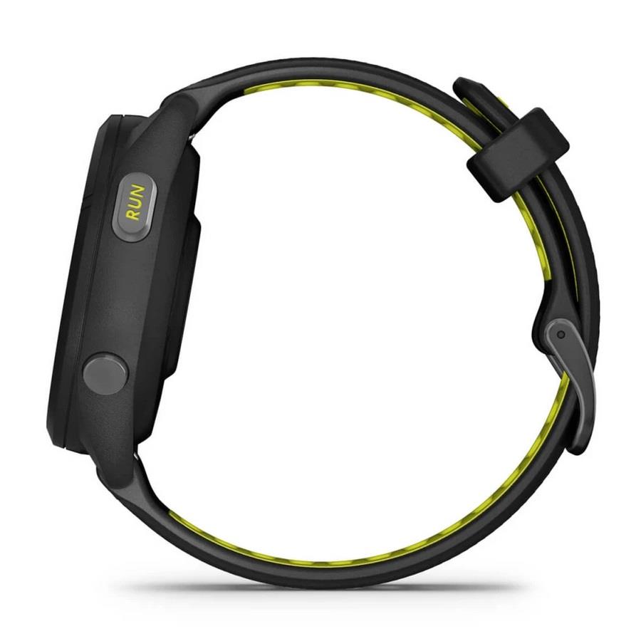 RELÓGIO GARMIN FORERUNNER 265S Rebordo e caixa pretos com bracelete preta e amarela em silicone