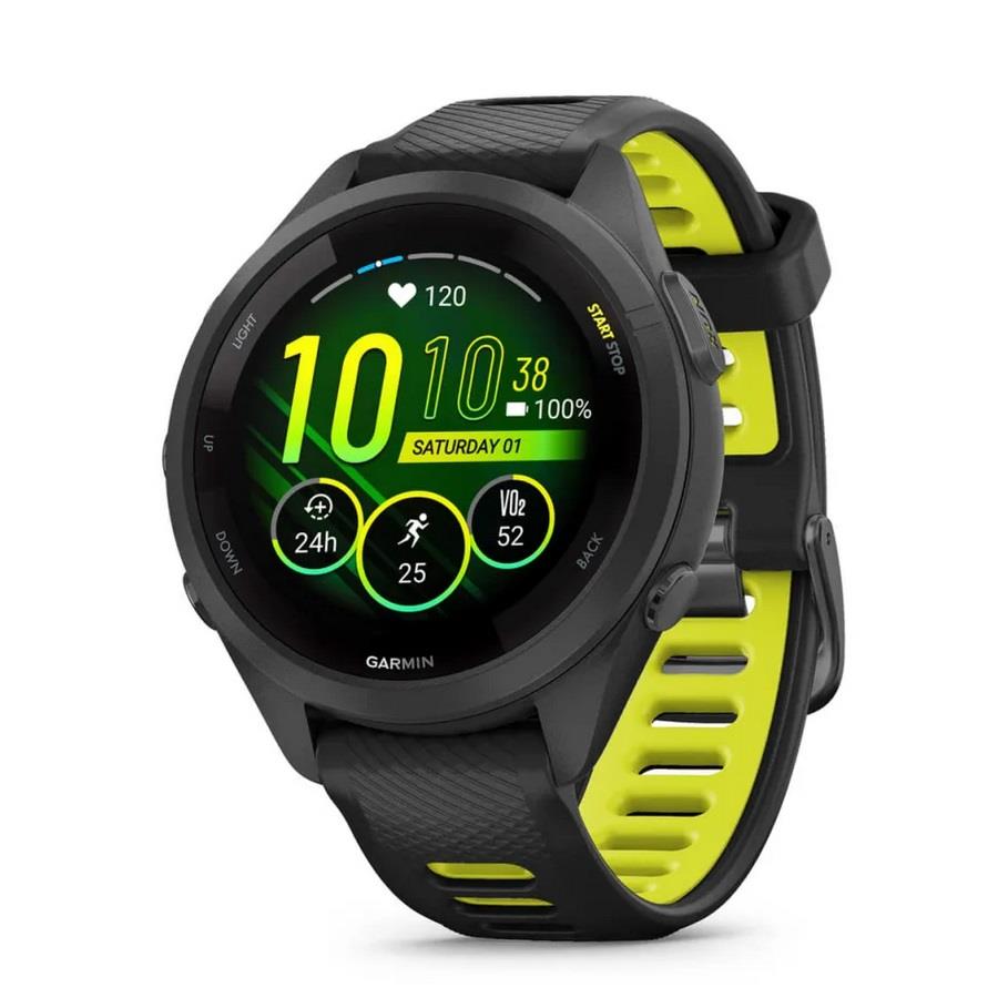 RELÓGIO GARMIN FORERUNNER 265S Rebordo e caixa pretos com bracelete preta e amarela em silicone