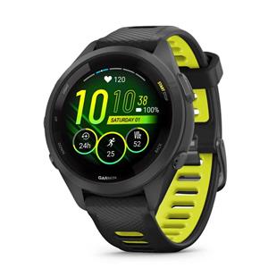 RELÓGIO GARMIN FORERUNNER 265S Rebordo e caixa pretos com bracelete preta e amarela em silicone