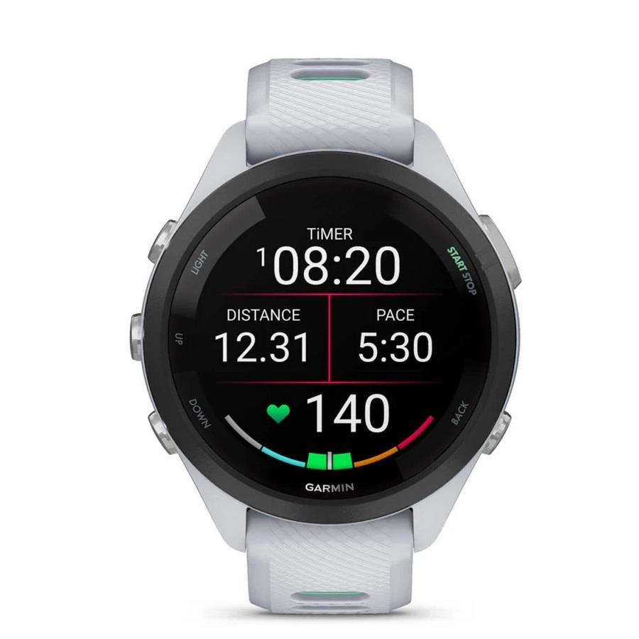 RELÓGIO GARMIN FORERUNNER 265S Rebordo preto com caixa branco pedra e bracelete branco pedra e verde Neo Tropic em silicone