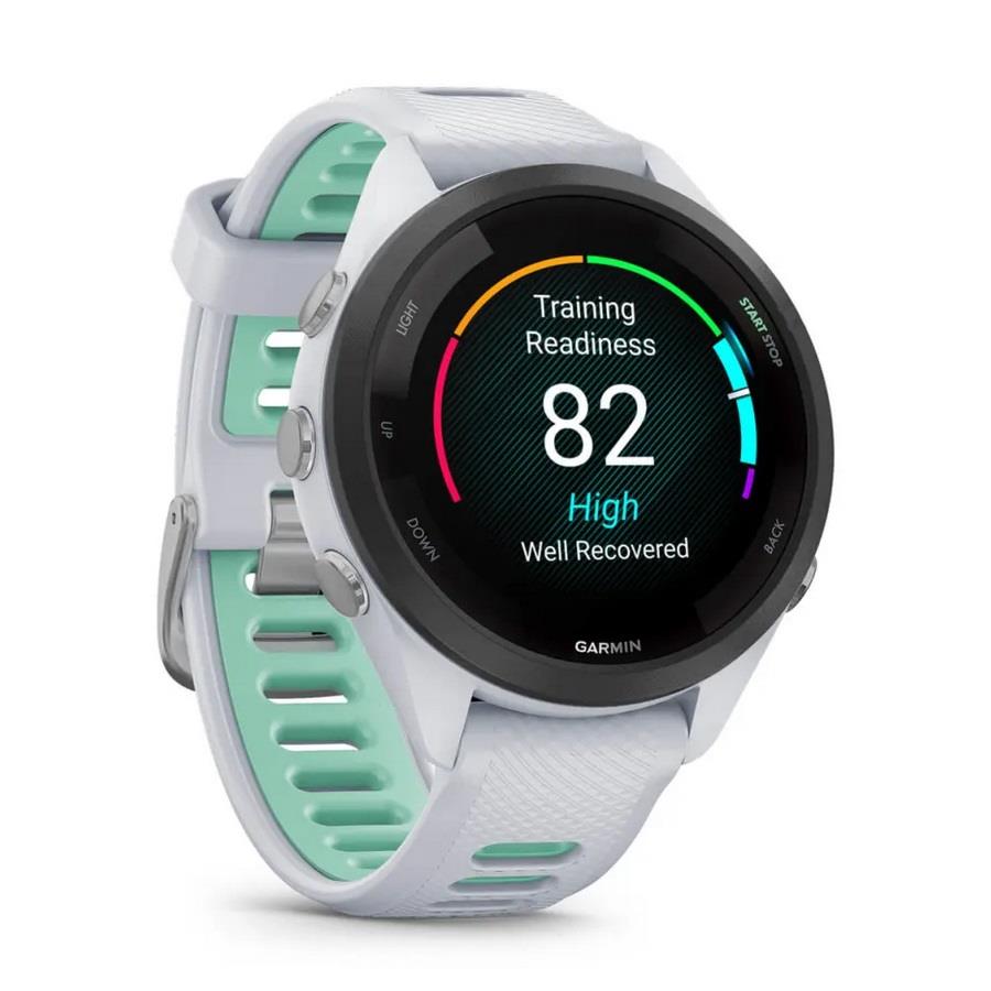 RELÓGIO GARMIN FORERUNNER 265S Rebordo preto com caixa branco pedra e bracelete branco pedra e verde Neo Tropic em silicone