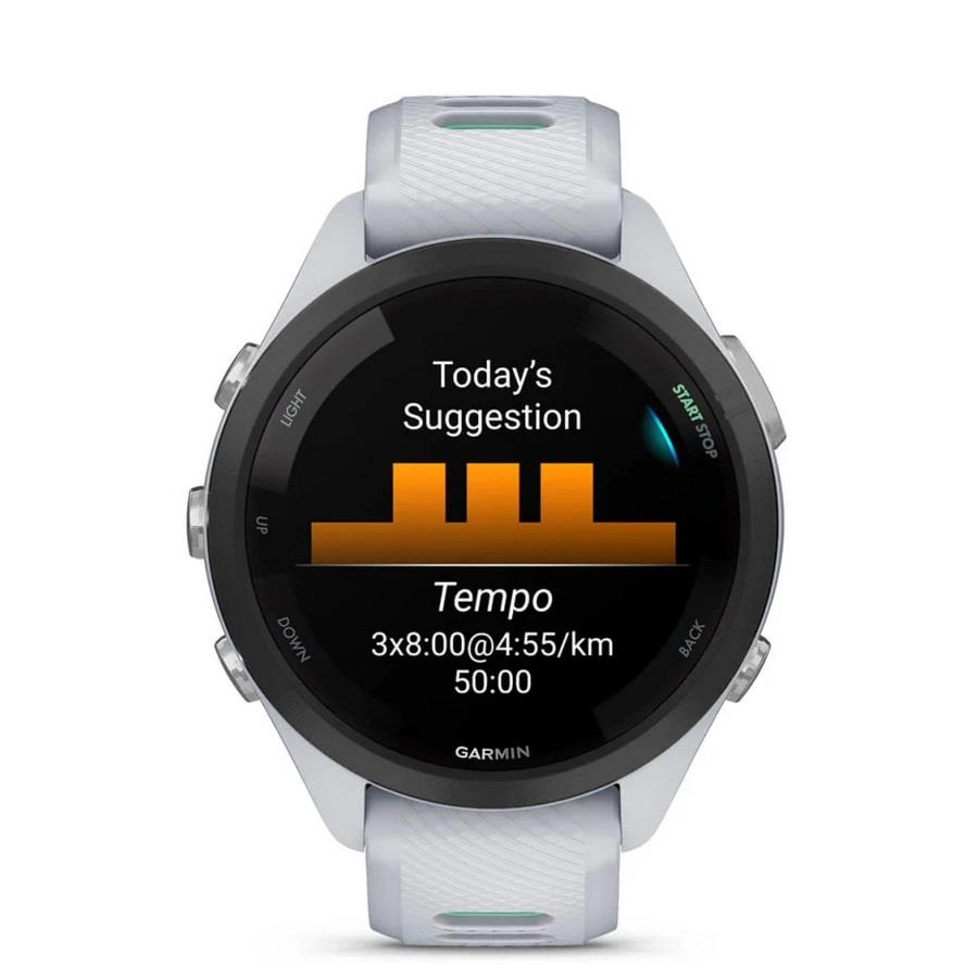 RELÓGIO GARMIN FORERUNNER 265S Rebordo preto com caixa branco pedra e bracelete branco pedra e verde Neo Tropic em silicone