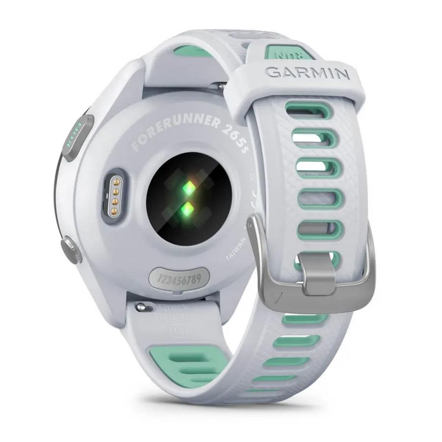 RELÓGIO GARMIN FORERUNNER 265S Rebordo preto com caixa branco pedra e bracelete branco pedra e verde Neo Tropic em silicone