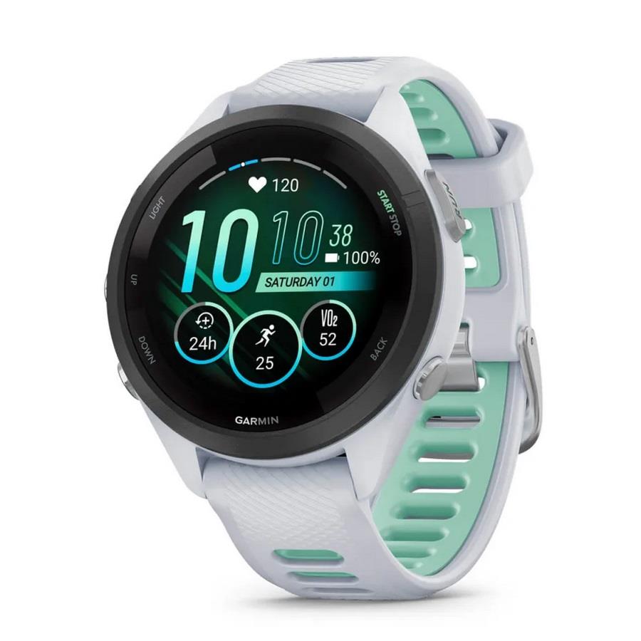 RELÓGIO GARMIN FORERUNNER 265S Rebordo preto com caixa branco pedra e bracelete branco pedra e verde Neo Tropic em silicone