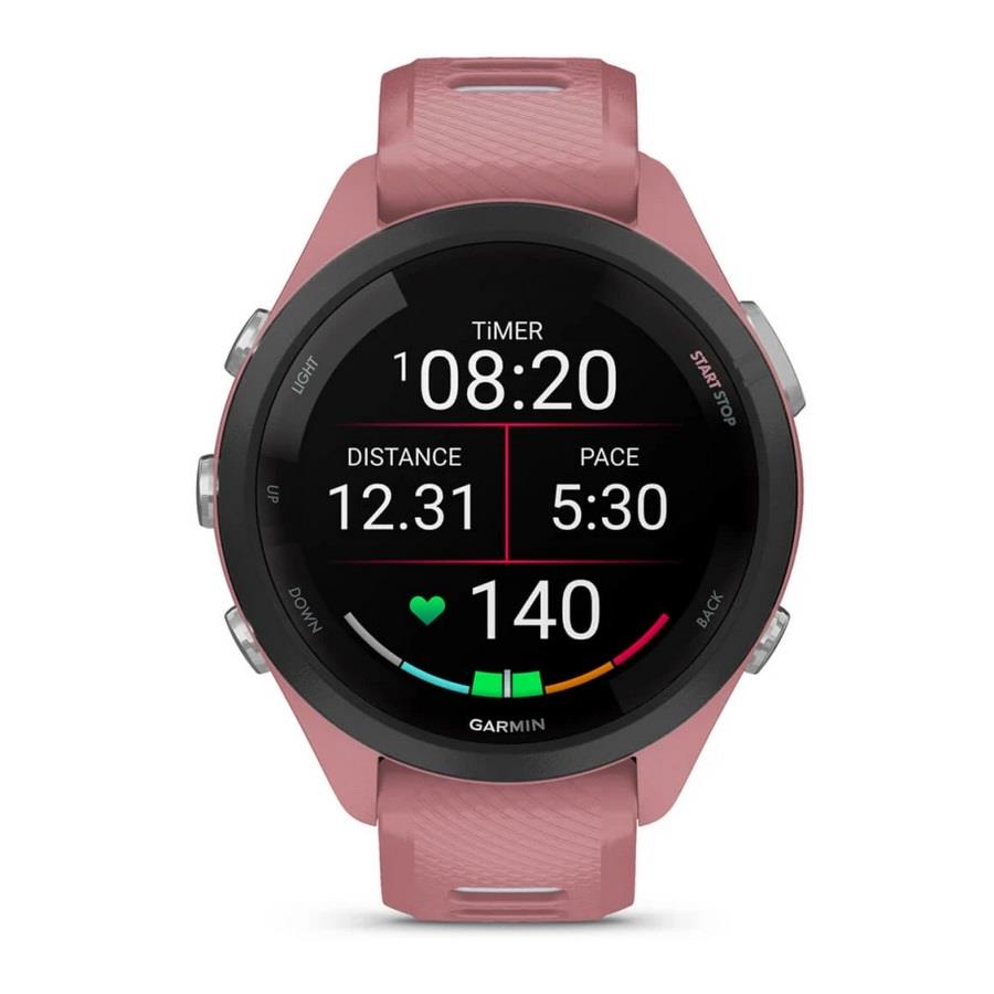 RELÓGIO GARMIN FORERUNNER 265S Rebordo preto com caixa rosa claro e bracelete rosa claro e cinzento pó em silicone