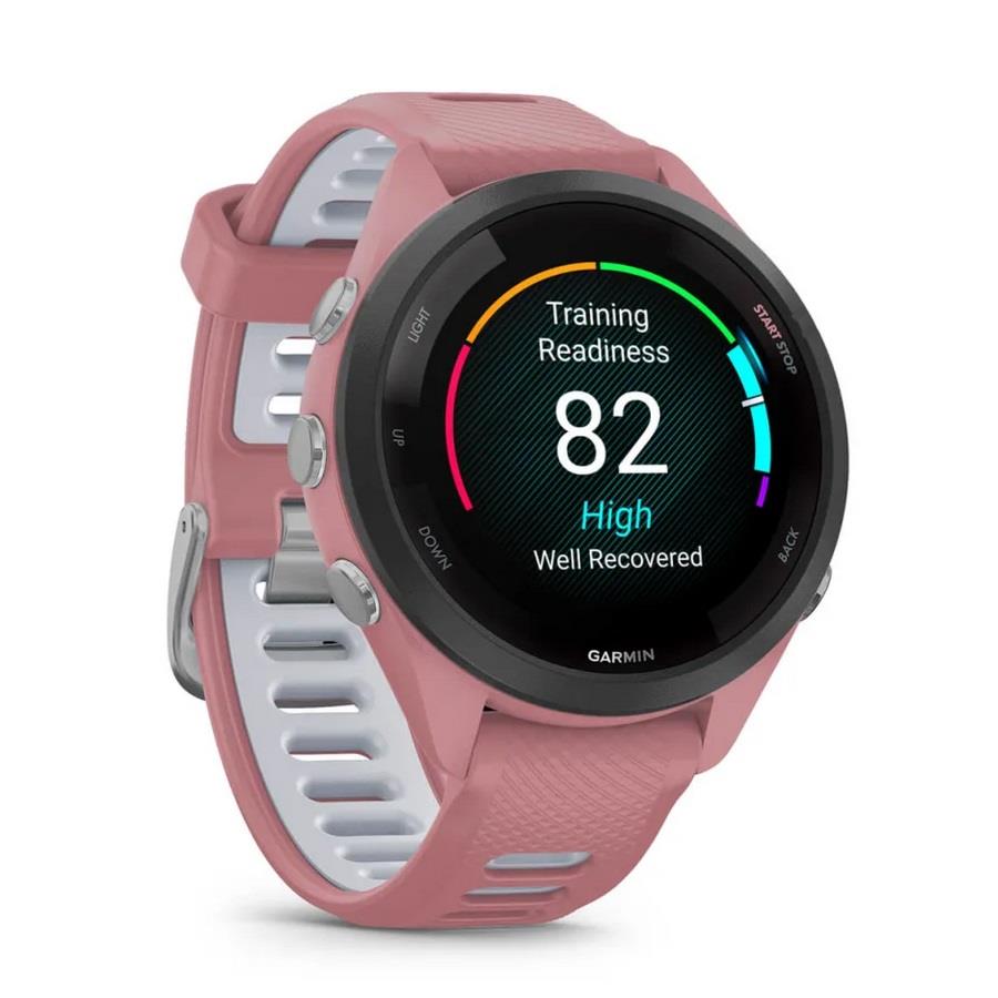 RELÓGIO GARMIN FORERUNNER 265S Rebordo preto com caixa rosa claro e bracelete rosa claro e cinzento pó em silicone