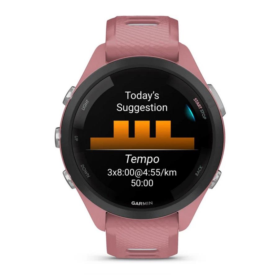 RELÓGIO GARMIN FORERUNNER 265S Rebordo preto com caixa rosa claro e bracelete rosa claro e cinzento pó em silicone