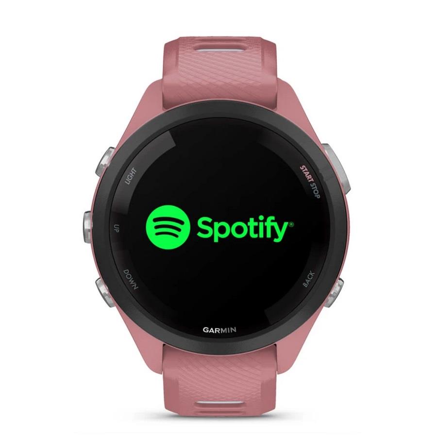 RELÓGIO GARMIN FORERUNNER 265S Rebordo preto com caixa rosa claro e bracelete rosa claro e cinzento pó em silicone