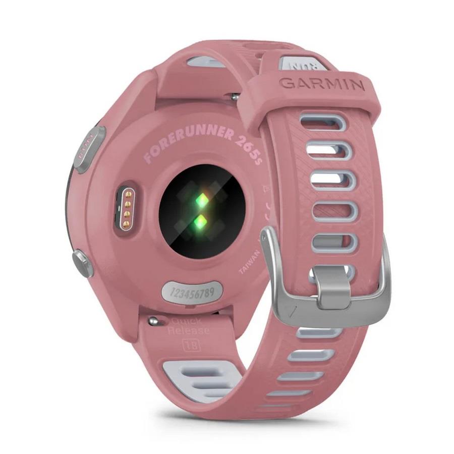 RELÓGIO GARMIN FORERUNNER 265S Rebordo preto com caixa rosa claro e bracelete rosa claro e cinzento pó em silicone