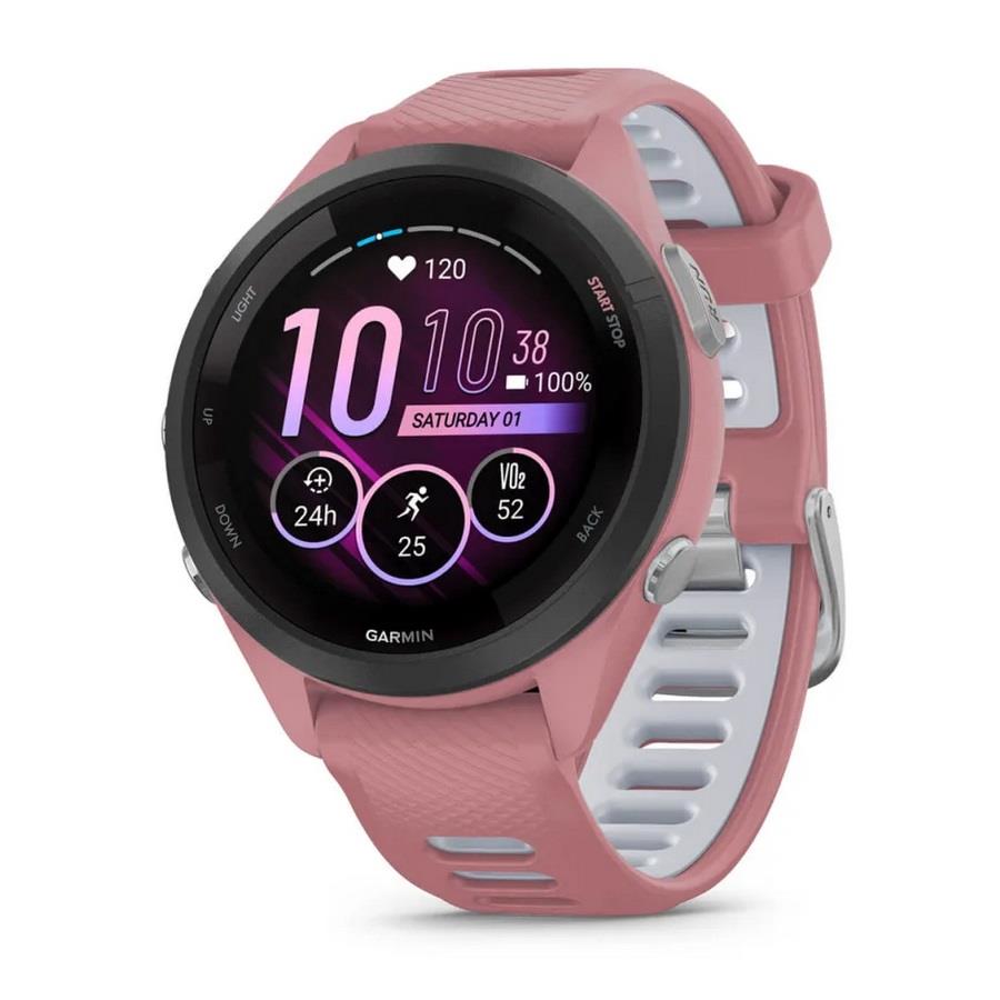 RELÓGIO GARMIN FORERUNNER 265S Rebordo preto com caixa rosa claro e bracelete rosa claro e cinzento pó em silicone