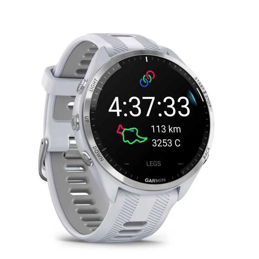 RELÓGIO GARMIN FORERUNNER 965 Rebordo em titânio com caixa branco pedra e bracelete branco pedra/cinzento pó em silicone