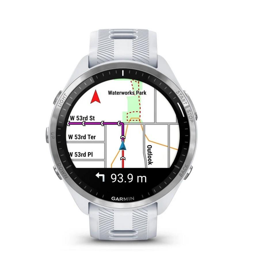 RELÓGIO GARMIN FORERUNNER 965 Rebordo em titânio com caixa branco pedra e bracelete branco pedra/cinzento pó em silicone