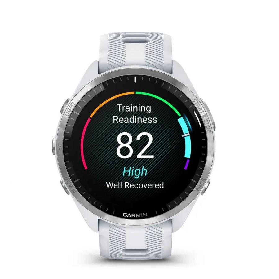 RELÓGIO GARMIN FORERUNNER 965 Rebordo em titânio com caixa branco pedra e bracelete branco pedra/cinzento pó em silicone