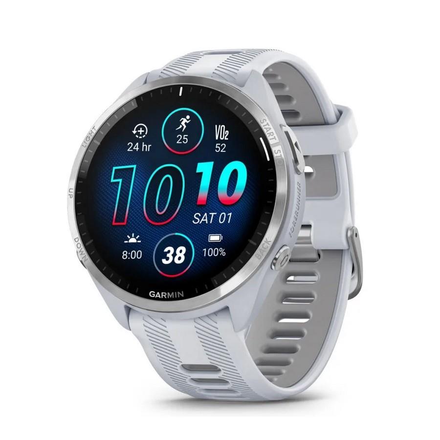 RELÓGIO GARMIN FORERUNNER 965 Rebordo em titânio com caixa branco pedra e bracelete branco pedra/cinzento pó em silicone