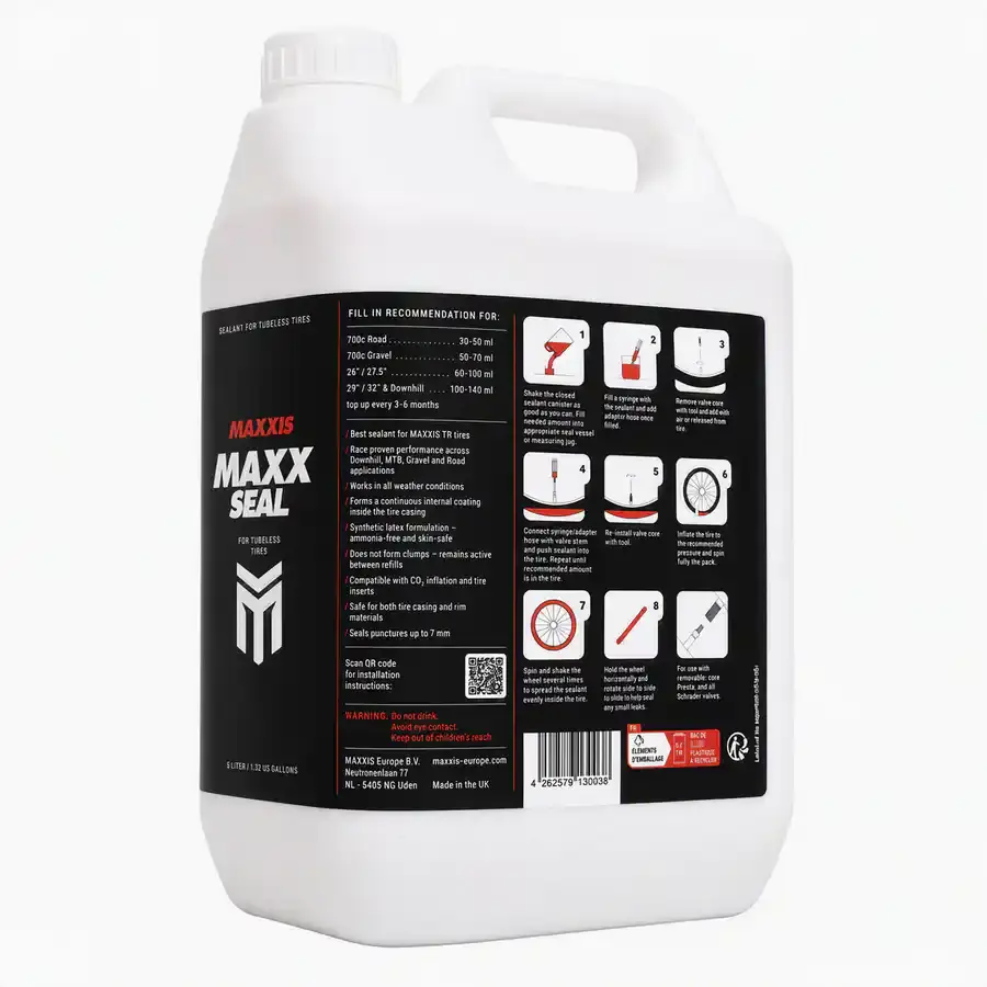 SELANTE TUBELESS MAXXIS MAXX SEAL 5L Selante tubeless Maxxis MAXX SEAL 5 L: fórmula sem amoníaco que sela furos até 7 mm, compatível com CO2 e inserts de pneu.