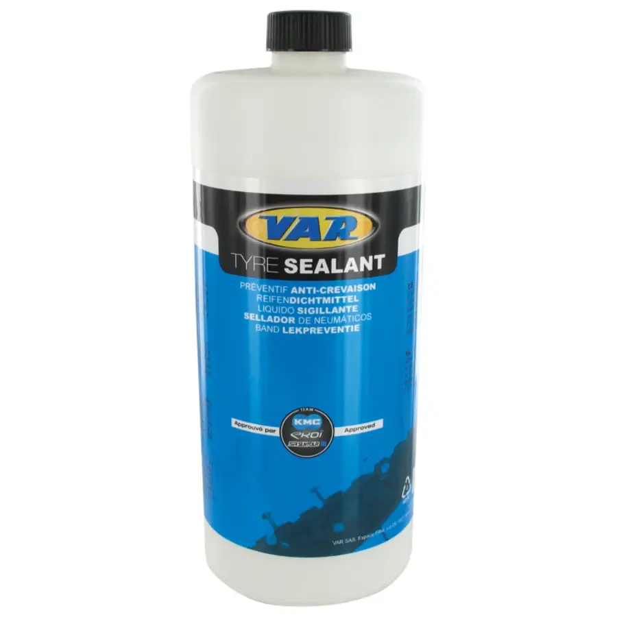 O SELANTE TUBELESS VAR TYRE SEALANT 1L sela furos até 6,5 mm rapidamente e torna os pneus tubeless ready herméticos.