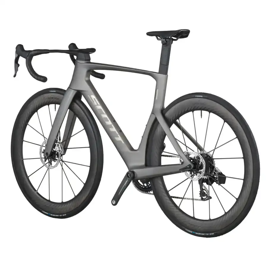 A Bicicleta SCOTT Foil RC Ultimate tem Quadro em Carbono HMX SL e transmissão SRAM RED AXS Disc 24 VL.