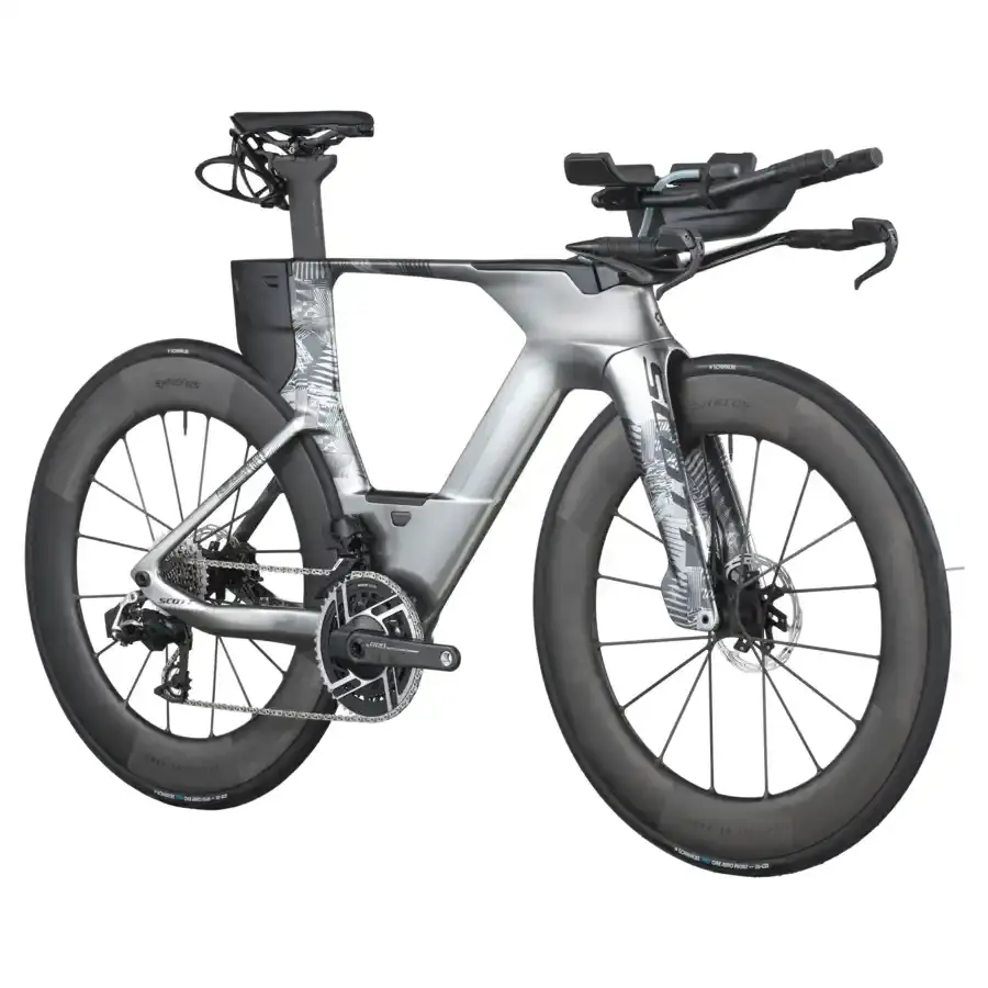 A Bicicleta SCOTT Plasma RC Ultimate tem Quadro em Carbono HMX e transmissão SRAM RED AXS Disc 24 VL c/potenciômetro.
