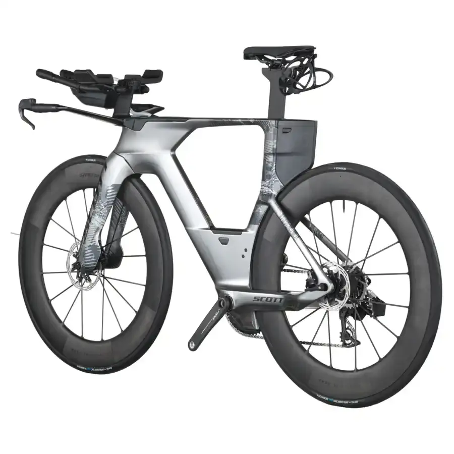 A Bicicleta SCOTT Plasma RC Ultimate tem Quadro em Carbono HMX e transmissão SRAM RED AXS Disc 24 VL c/potenciômetro.