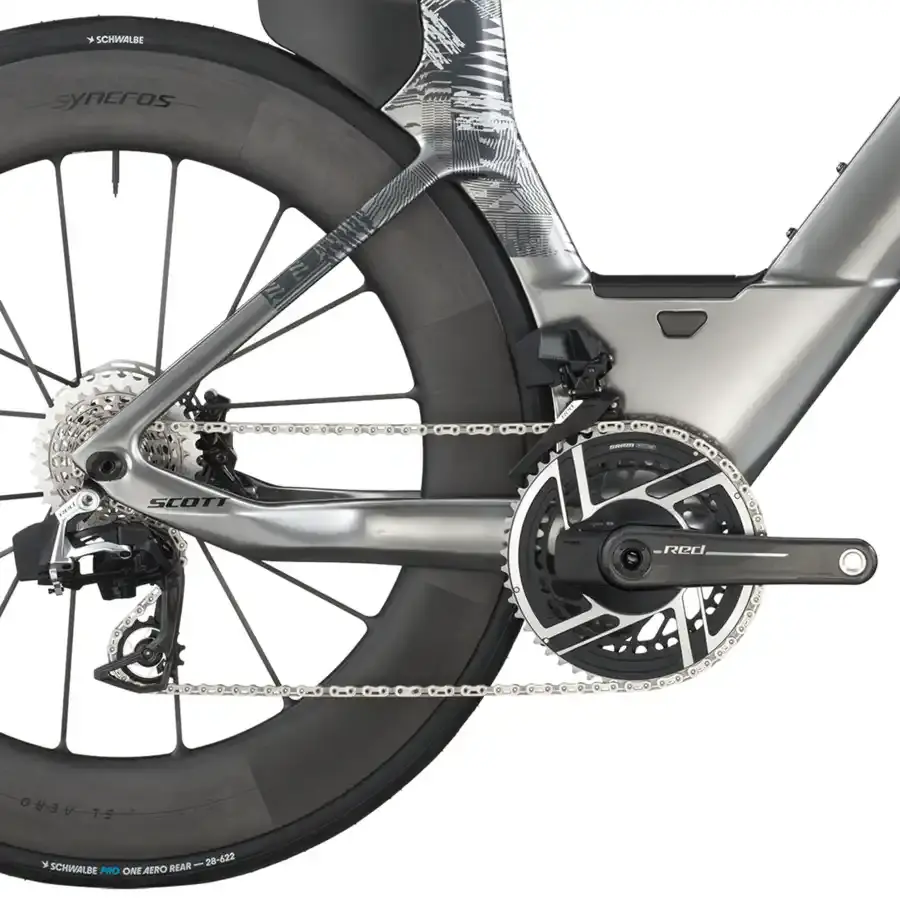 A Bicicleta SCOTT Plasma RC Ultimate tem Quadro em Carbono HMX e transmissão SRAM RED AXS Disc 24 VL c/potenciômetro.